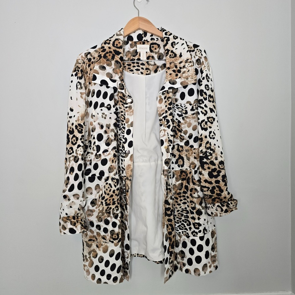 Chicos Womens Animal Print Longline Jacket Size XL Leopard‎ Lightweight Mob Wife - Picture 2 of 15